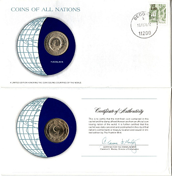 Югославия 5 динаров 1972 конверт с маркой первого дня гашения, Coins of Nations KM 58 медь цинк никель UNC 4294-58-1
