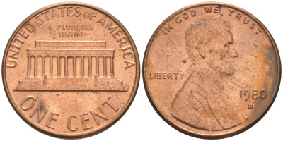 США 1 цент 1980 D, Авраам Линкольн KM 201 медь цинк 188-217