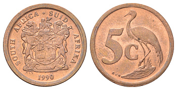 ЮАР 5 центов 1990 герб, райский журавль KM 134 сталь плакированная медью UNC 4696-969