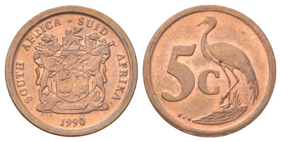 ЮАР 5 центов 1990 герб, райский журавль KM 134 сталь плакированная медью UNC 4696-969