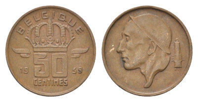 Бельгия 50 сантимов 1959 Belgique, Бодуэн I (1951-1993) KM 148 бронза 4705-225