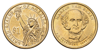 США 1 доллар 2008 P, Президент США - Мартин Ван Бюрен (1837-1841) KM 429 медь с марганцево-латунным покрытием UNC 4698-923