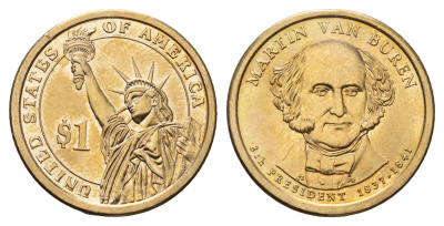 США 1 доллар 2008 P, Президент США - Мартин Ван Бюрен (1837-1841) KM 429 медь с марганцево-латунным покрытием UNC 4698-923