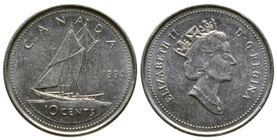 КАНАДА 10 ЦЕНТОВ 1994 ПАРУСНИК, ЕЛИЗАВЕТА II KM 183 никель 179-649