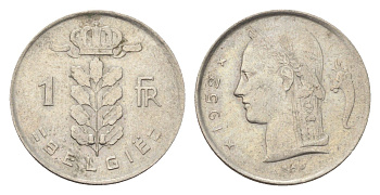 Бельгия 1 франк 1952 Belgie, Бодуэн I (1951-1993) KM 143.1 медно-никель 4702-1046
