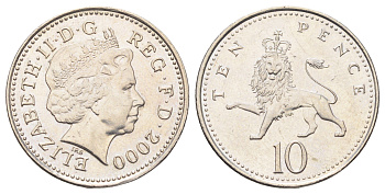 Великобритания 10 пенсов 2000 Елизавета II (1952-2022) KM 989, Spink F5 медно-никель UNC 4698-1027