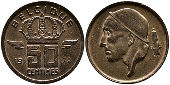 БЕЛЬГИЯ 50 САНТИМОВ 1972 BELGIQUE KM 148.1 бронза 4387-636