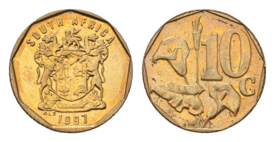 ЮАР 10 центов 1997 герб, цветок алоэ KM 161 сталь плакированная бронзой UNC 4694-735