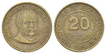 Перу 20 сентимо 1985 редкий год KM 294 латунь 4669-328