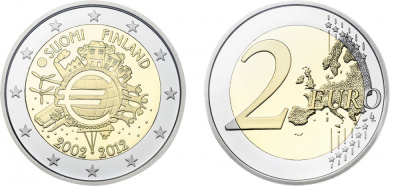 Финляндия 2 евро 2012 10 лет монетарной политике и наличному евро KM 178 биметалл UNC M16-08
