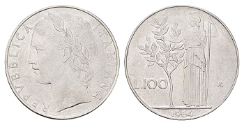 Италия 100 лир 1964 R, Афина в доспехах KM 96.1 нержавеющая сталь 4704-712