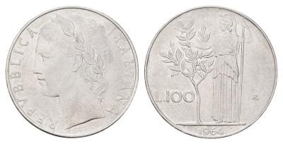 Италия 100 лир 1964 R, Афина в доспехах KM 96.1 нержавеющая сталь 4704-712