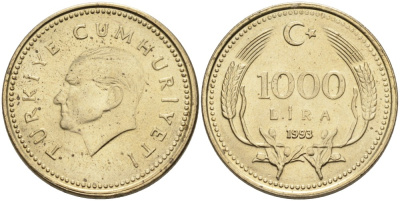 Турция 1000 лир 1993 Кемаль Ататюрк KM 997 медь никель цинк UNC 4561-137
