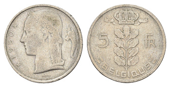 Бельгия 5 франков 1950 Belgique, Бодуэн I (1951-1993) KM 134 медно-никель 4704-1051