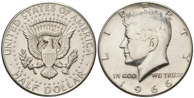 США 1/2 доллара (50 центов) 1966 Джон Кеннеди KM 202a серебро  UNC  4178-816