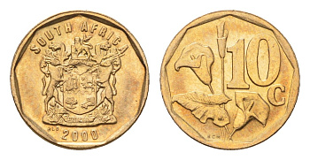 ЮАР 10 центов 2000 герб, цветок алоэ KM 161 сталь плакированная бронзой UNC 4694-764