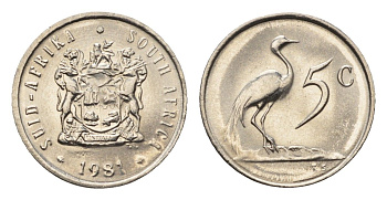 ЮАР 5 центов 1981 герб, райский журавль KM 84 никель UNC 4694-449