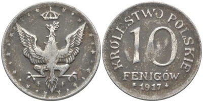 ПОЛЬША 10 ФЕНИГОВ 1917 FF, ПЕРВАЯ МИРОВАЯ ВОЙНА, ГЕРМАНСКАЯ ОККУПАЦИЯ, ЛЕГЕНДА НЕ КАСАЕТСЯ КРАЯ KM 6 железо 113-413