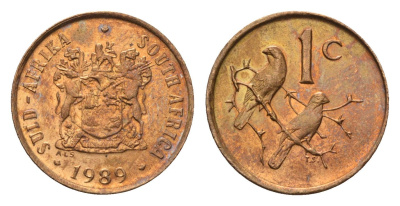 ЮАР 1 цент 1989 герб, капские воробьи KM 82 бронза UNC 4690-1249