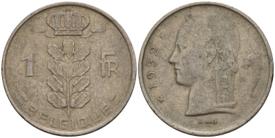 Бельгия 1 франк 1952 Belgique, Бодуэн I (1951-1993) KM 142 медно-никель 4156-621
