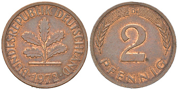 ФРГ 2 пфеннига 1972 D KM 106a, J. 381a сталь плакированная медью 4147-216