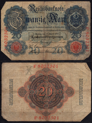 Германия 20 марок 1910 Pick 40 b бумага 6293-32-2-1