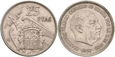 Испания 25 песет 1957 (67) Франциско Франко (1939-1975) KM 787 медно-никель 4583-1032