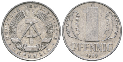 ГДР 1 пфенниг 1968 А КМ 8.1 алюминий 4615-1218
