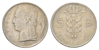 Бельгия 5 франков 1961 Belgie, Бодуэн I (1951-1993) KM 135 медно-никель 4704-1115