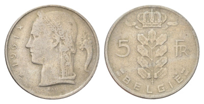 Бельгия 5 франков 1961 Belgie, Бодуэн I (1951-1993) KM 135 медно-никель 4704-1115
