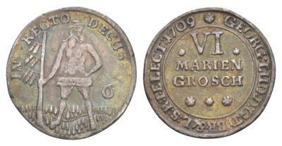 Брауншвейг-Каленберг-Ганновер 6 мариенгрошей 1709 дикарь, Георг I (1698-1727), из коллекции Ричарда Б. Смита KM 11, Welter 2179 серебро 1525-434