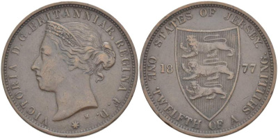 Джерси 1/12 шиллинга 1877 H, Виктория (1837-1901) KM 8 бронза 4517-1021