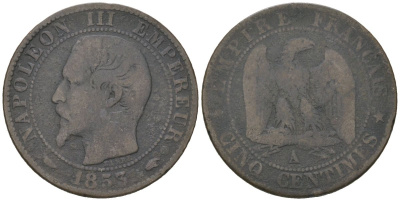 Франция 5 сантимов 1853 A, Наполеон III (1852-1870) KM 777.1 бронза 4582-1237