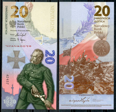Польша 20 злотых 2020 100 лет битвы за Варшаву, Юзеф Пилсудский, медаль, в оригинальном буклете Pick 194  бумага  UNC (пресс) 451-112-1