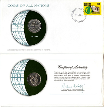 Шри-Ланка 1 рупия 1978 конверт с маркой первого дня гашения, Coins of Nations KM 136.1 медно-никель UNC 4294-34-2