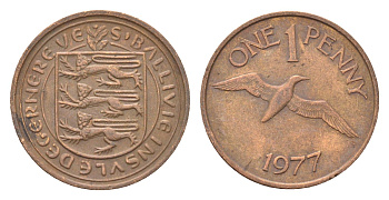 Гернси 1 пенни 1977 Елизавета II (1952-2022), северная олуша в полете KM 27 бронза 4702-721