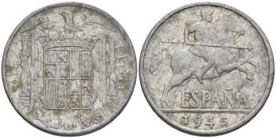 Испания 10 сентимо 1945 Франсиско Франко (1939 - 1975) KM 766 алюминий 4155-233