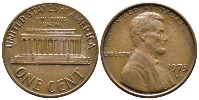 США 1 ЦЕНТ 1973 D, ЛИНКОЛЬН KM 201 медь цинк 4364-843