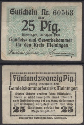 Майнинген 25 пфеннигов 1920 DeNG 2 M25.1b бумага 8613-61-3-1