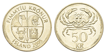 Исландия 50 крон 2005 краб KM 31 никель латунь aUNC 4695-544