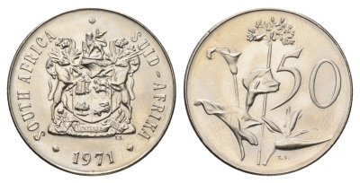 ЮАР 50 центов 1971 Зантедеския Эллиота (калла), герб KM 87 никель UNC 4693-825