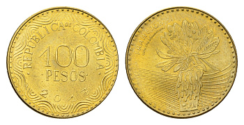 Колумбия 100 песо 2017 KM 296 сталь плакированная латунью UNC 4696-1266