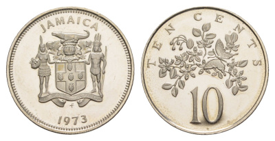 Ямайка 10 центов 1973 FM, тираж 28.000 экземпляров KM 54 медно-никель PROOF 1528-1443