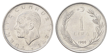 Турция 1 лира 1968 Кемаль Ататюрк KM 889a.2 нержавеющая сталь 4706-1155