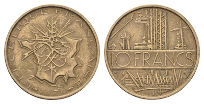 Франция 10 франков 1974 KM 940 медь алюминий никель 4704-437