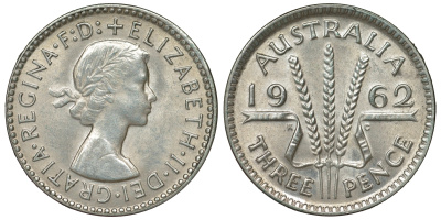 Австралия 3 пенса 1962 m, Елизавета II (1952-2022) KM 57 серебро 71-826