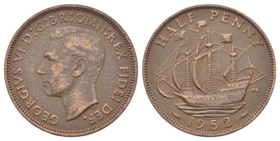 Великобритания 1/2 пенни 1952 Георг VI (1936-1952) KM 868, Spink 4118 бронза 4698-1012