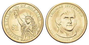 США 1 доллар 2007 P, Президент США - Томас Джеферсон (1801-1809) KM 403 медь с марганцево-латунным покрытием UNC 4703-1217
