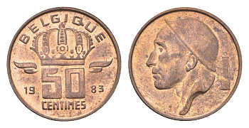 Бельгия 50 сантимов 1983 Belgique, Бодуэн I (1951-1993) KM 148 бронза UNC 4705-233