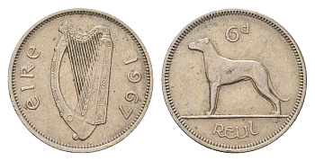 Ирландия 6 пенсов 1967 собака, ирландский волкодав KM 13a медно-никель 4696-529